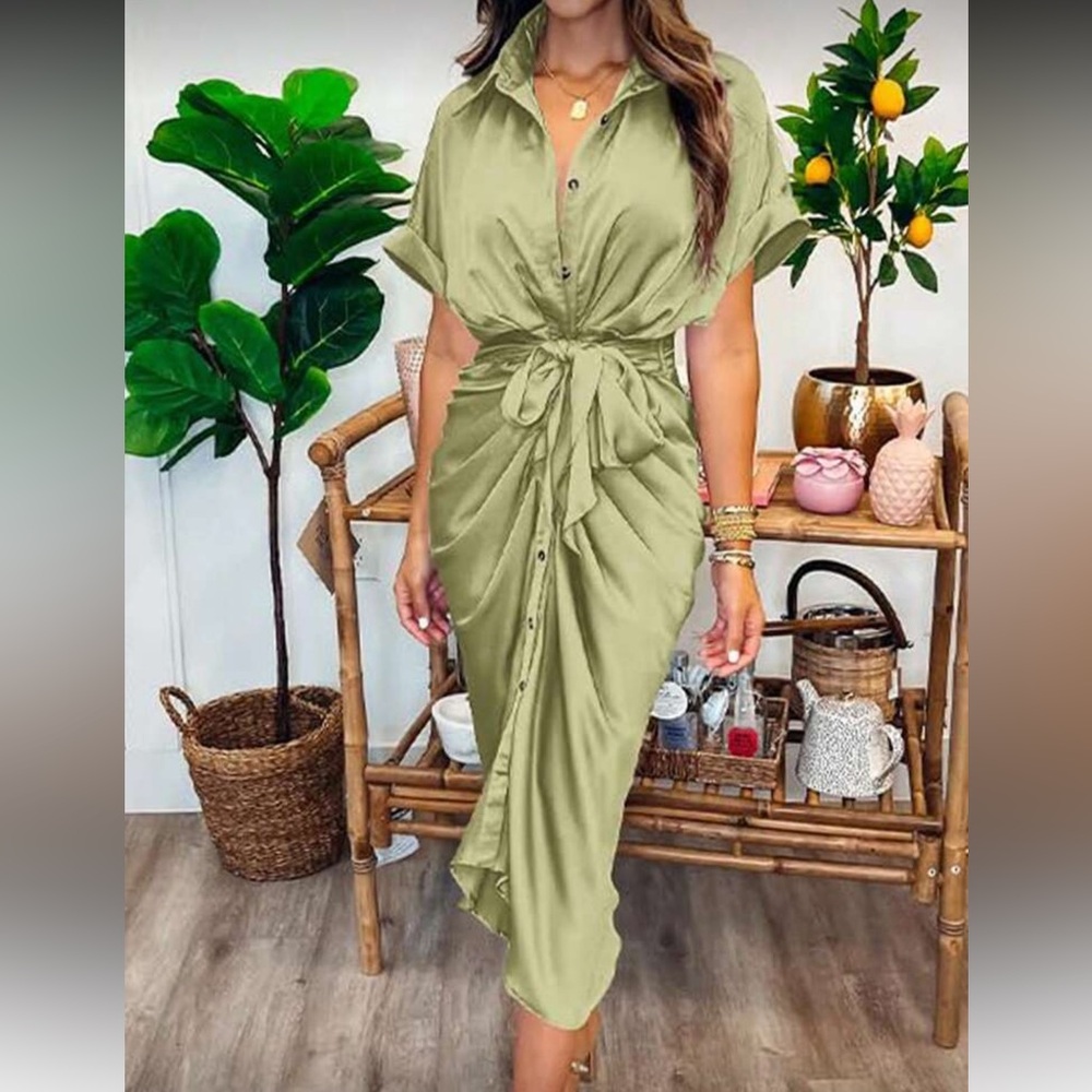Elegant Mint Green Tie-Front Satin Dress